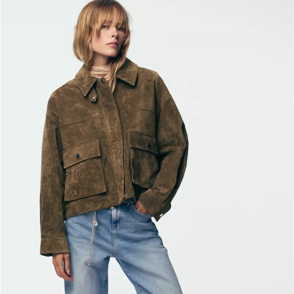 Zara Olive Brown natural suede leather bomber jacket - Picture 6 of 11
